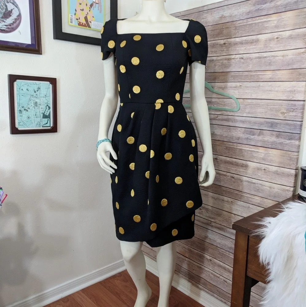Bill Blass Embroidered Gold Polka Dot Black Dress - Picture 1 of 8